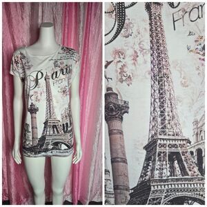 Attitude Paris France Ivory Graphic Rhinestone Eiffel Tower T-shirt Size Large